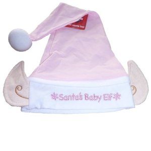 Baby Infant Girls Pink "Santa's Baby Elf" Knit Hat With Ears OSFM Christmas NWT